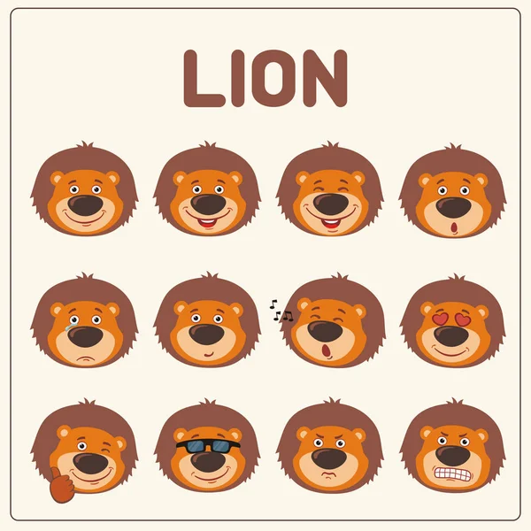 Conjunto Caras León Con Diferentes Emociones Estilo Dibujos Animados — Archivo Imágenes Vectoriales