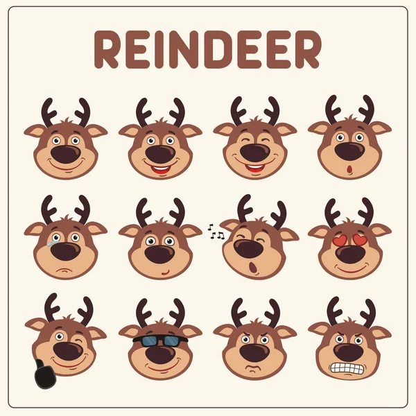 Set Reindeer Faces Different Emotions Cartoon Style — Stock Vector