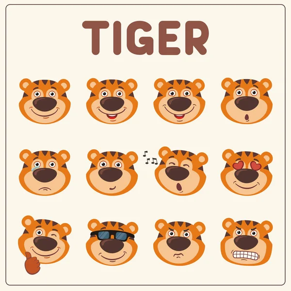 Conjunto Caras Tigre Con Diferentes Emociones Estilo Dibujos Animados — Archivo Imágenes Vectoriales