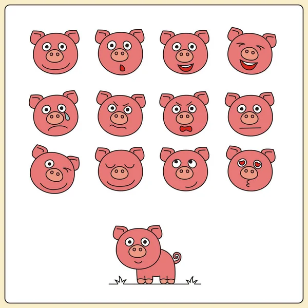 Schweinegesichter Mit Unterschiedlichen Emotionen Cartoon Stil — Stockvektor