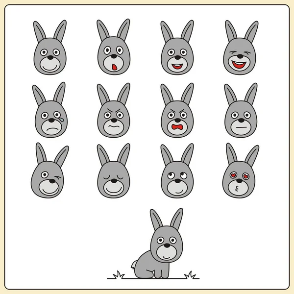 Набор Кроличьих Лиц Различными Эмоциями Стиле Мультфильма — стоковый вектор