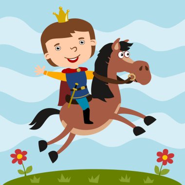 yaz çayırında baş sürme atı üzerinde taç ile komik prens çizgi film karakteri 