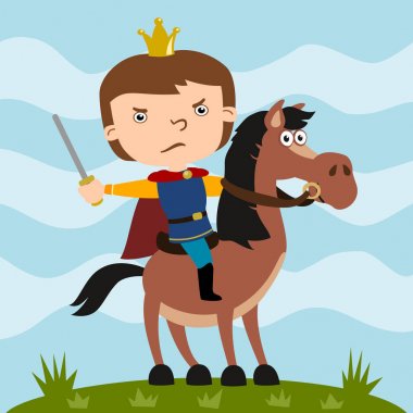 yaz çayırelinde kılıç ile baş sürme atı üzerinde taç ile kızgın komik prens çizgi film karakteri 