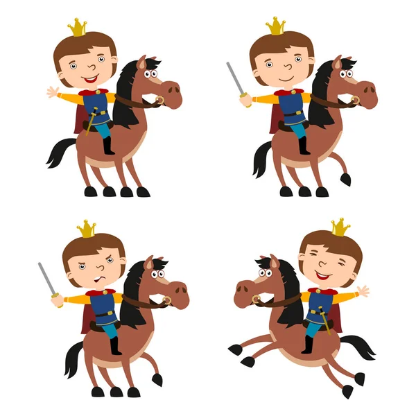 Cartoon Characters Funny Princes Crowns Heads Riding Horses Different Poses — Stock Vector