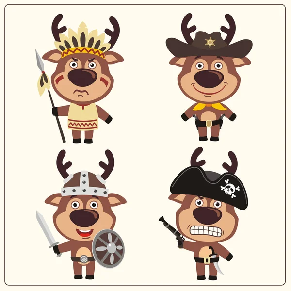 Lindos Personajes Dibujos Animados Renos Trajes Vaquero Pirata Con Vikingo — Vector de stock