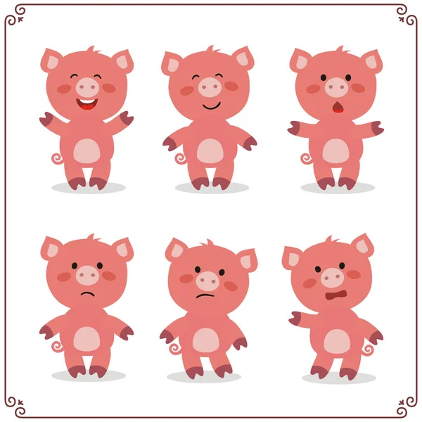 Charmante Zeichentrickfiguren Von Schweinen Mit Unterschiedlichen Gefühlen — Stockvektor