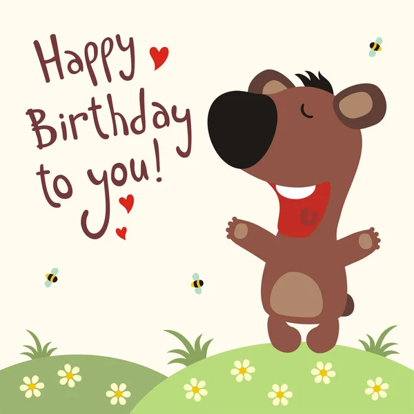 Greeting Card Cute Funny Cartoon Character Bear Singing Happy Birthday — Stock Vector
