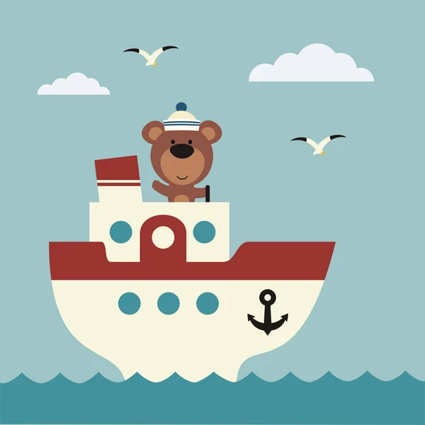 Cute Funny Cartoon Character Bear Seaman Deck Ship Sea — Stock Vector
