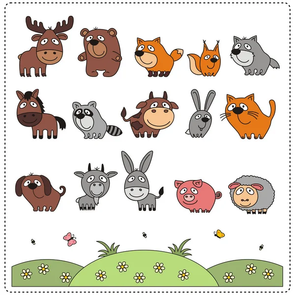 Raccolta Animali Stile Cartone Animato Prato — Vettoriale Stock