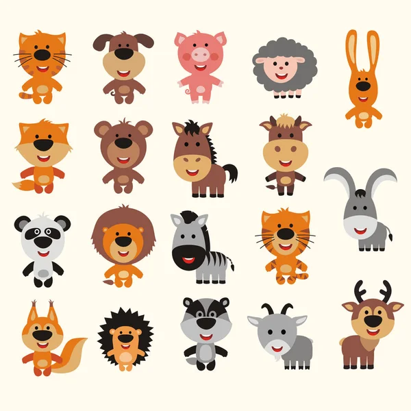 Gran Conjunto Animales Divertidos Estilo Dibujos Animados Vector Ilustración — Vector de stock