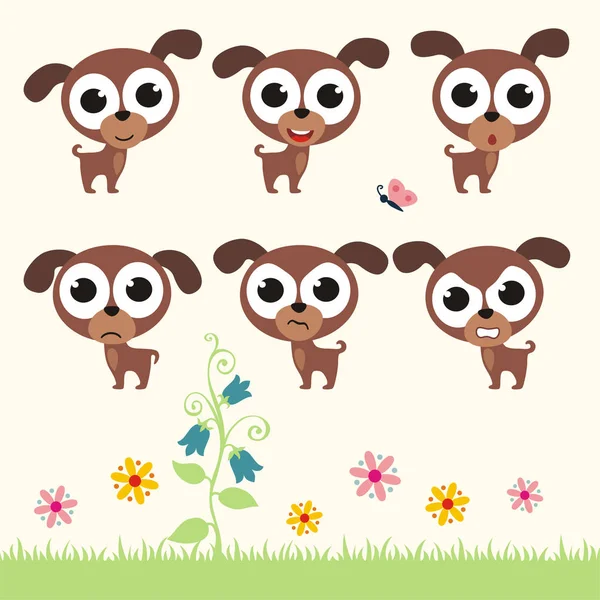 Set Charming Cartoon Characters Dogs Different Emotions Meadow — Stock Vector