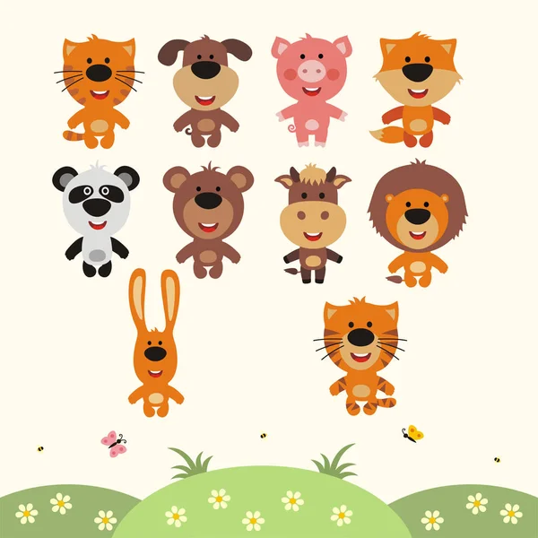 Colección Animales Estilo Dibujos Animados Bosque — Vector de stock