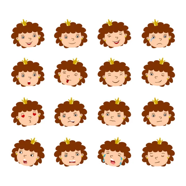 Cute Cartoon Characters Princesses Crowns Different Emotions Isolated White Background — Stock Vector