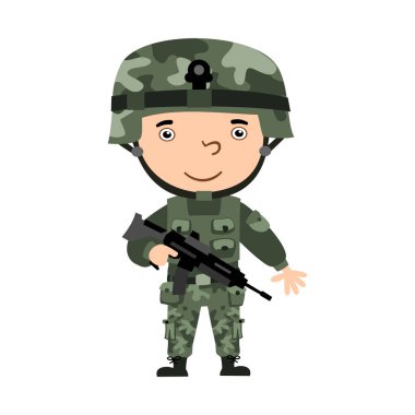 Karikatür tarzında komik asker beyaz arka plan üzerinde izole elinde makineli tüfek tutan modern kıyafet giyiyor