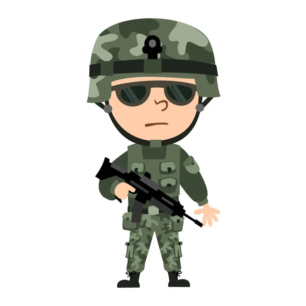 Zabawny Żołnierz Stylu Kreskówki Noszenie Nowoczesnego Stroju Okulary Trzymając Karabin — Wektor stockowy