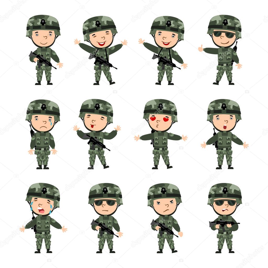 Set of funny soldiers in cartoon style in different poses isolated on white background
