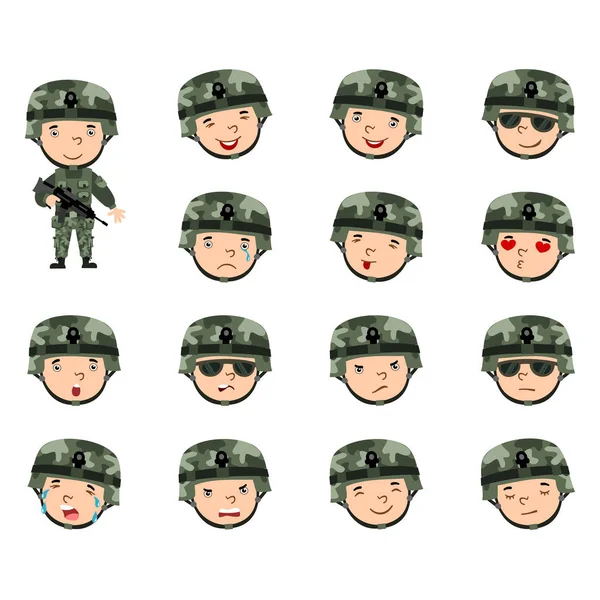 Collection Funny Soldier Facial Expressions Cartoon Style Isolated White Background — Stock Vector