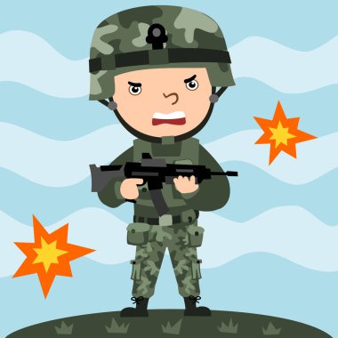 Karikatür tarzında kızgın asker patlamalar ile gökyüzüne karşı çayır da elinde makineli tüfek tutan modern kıyafet giyiyor