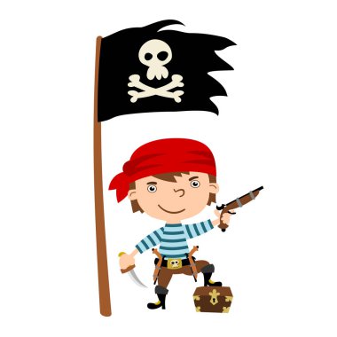 bayrak yakınında silah ve dower göğüs ile bandana zencefil saçlı korsan karikatür karakteri 