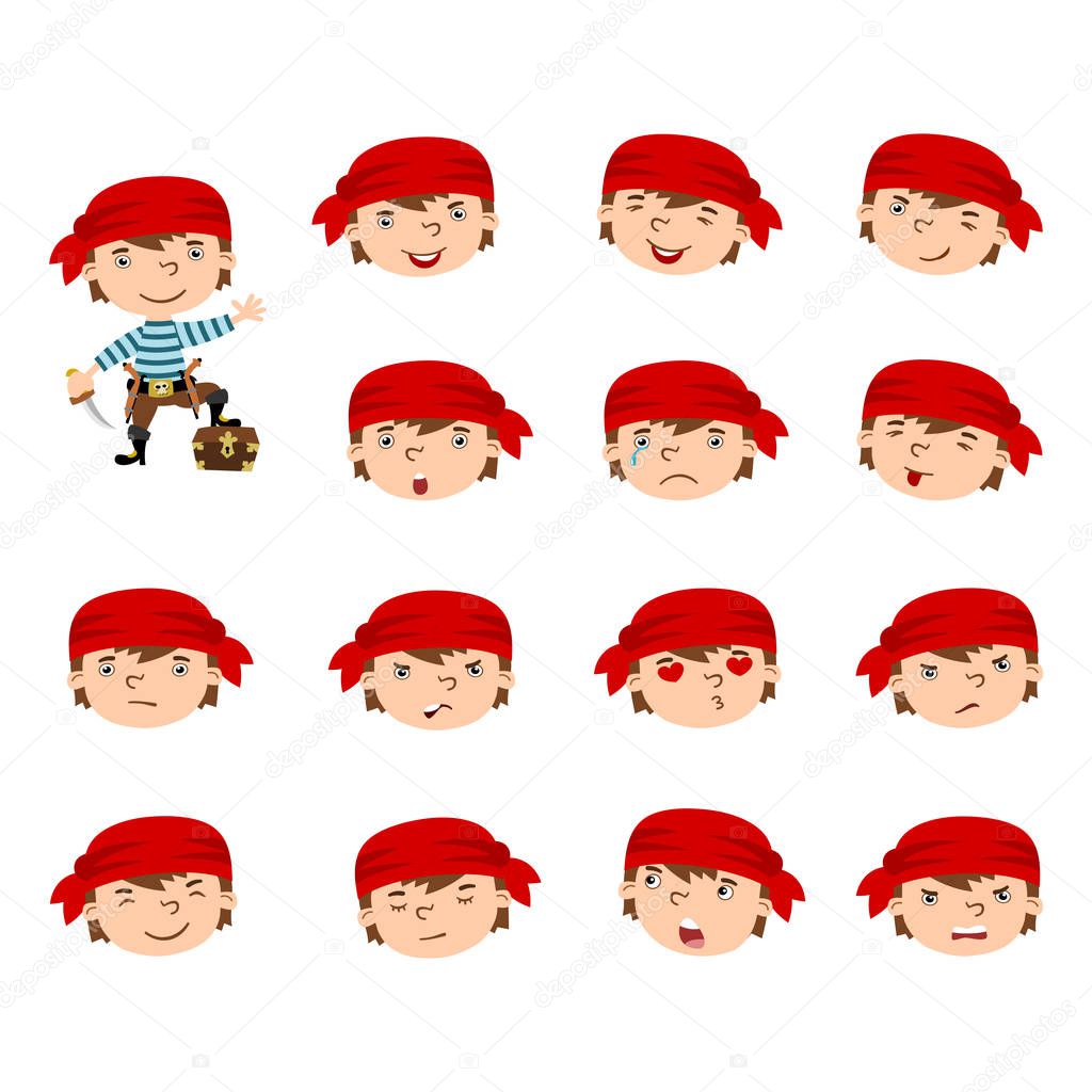 set of funny cartoon characters of pirates with ginger hair in bandanas with different emotions 