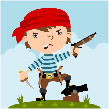 silah ve top ile bandana korsan kızgın çizgi film karakteri   