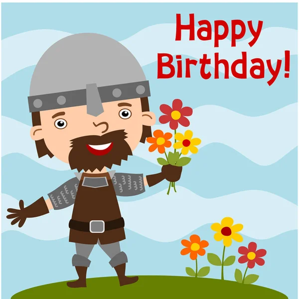 Happy Birthday Card Cartoon Character Funny Medieval Warrior Bouquet Flowers — Stock Vector