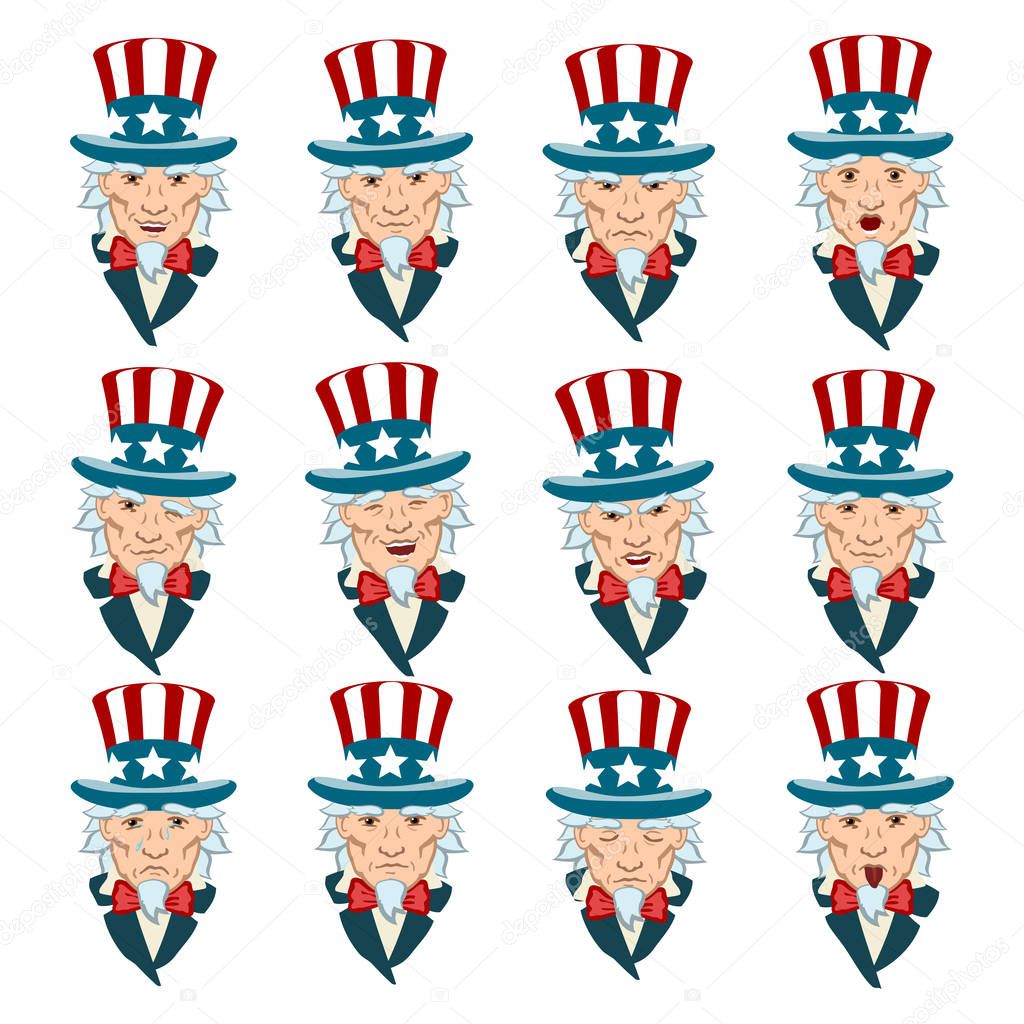 Set of uncle Sam facial expressions with different emotions isolated on white background, vector, illustration