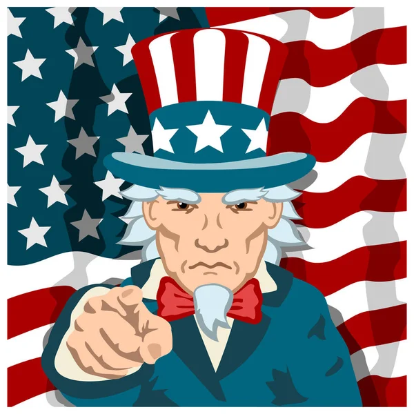 Angry Uncle Sam Costume Pointing Finger Forward American Flag Background — Stock Vector