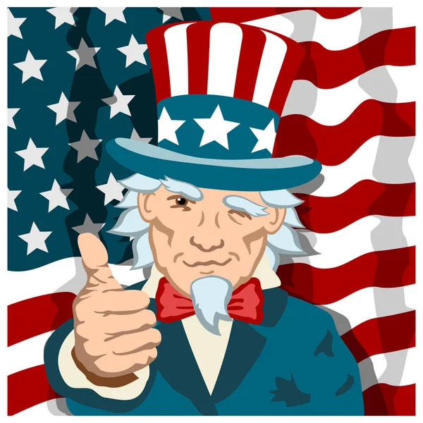 Uncle Sam Costume Showing Thumb Winking American Flag Background Vector — Stock Vector