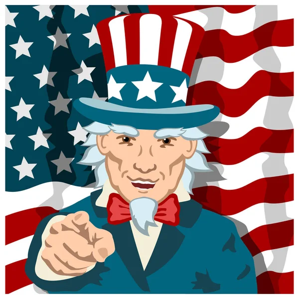 Cheerful Uncle Sam Costume Pointing Finger Forward American Flag Background — Stock Vector