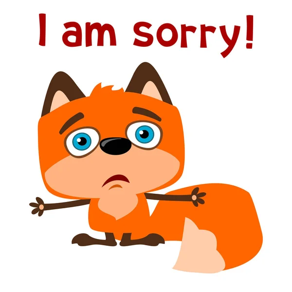 Karikatür tarzında Fox cub metin yakın özür jest gösteren üzgünüm beyaz arka plan üzerinde izole