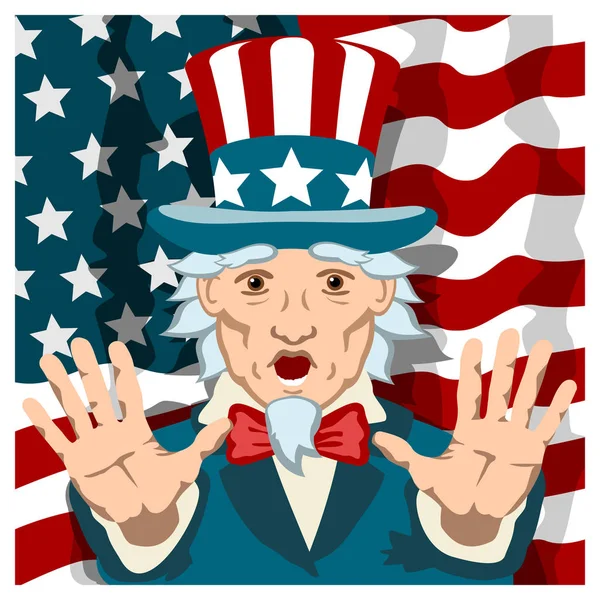 Uncle Sam Costume Frightened Face Putting Palms American Flag Background — Stock Vector
