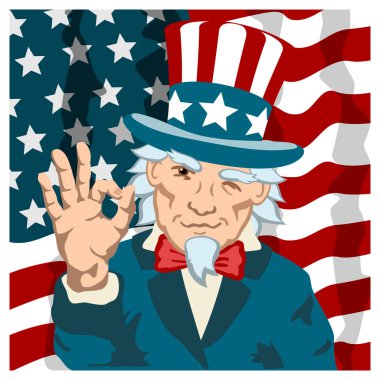 amca Sam kostüm el jest Ok gösteren ve amerikan bayrağı arka plan, vektör, illüstrasyon metin tamam yakın göz kırpma