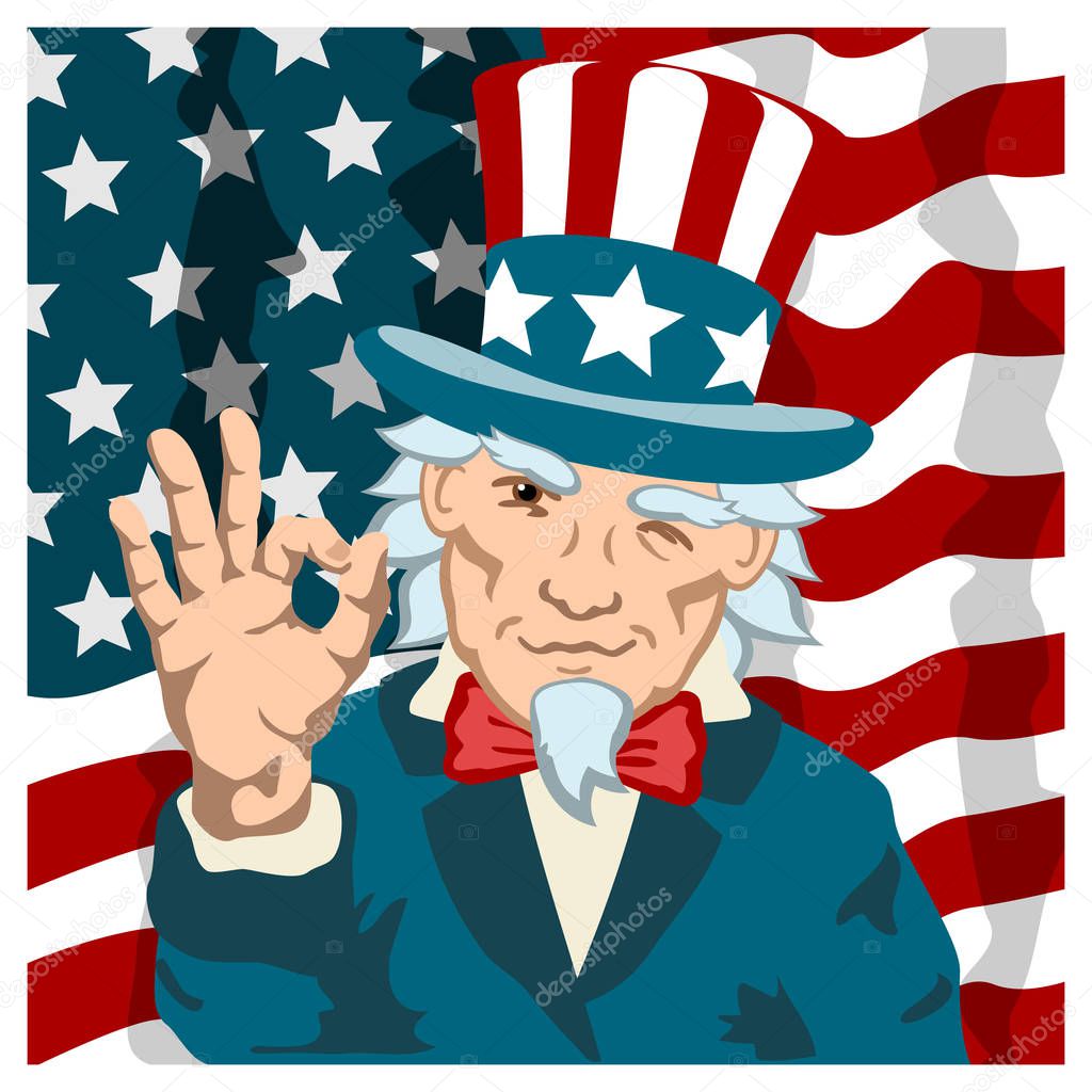 uncle Sam in costume showing hand gesture OK and winking near text okay on american flag background, vector, illustration