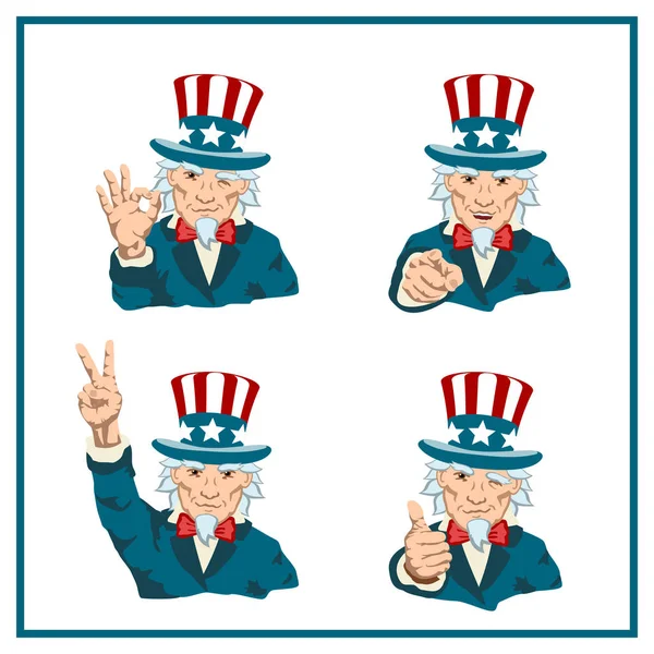 Set Smiling Uncle Sam Different Poses Isolated White Background Vector — Stock Vector