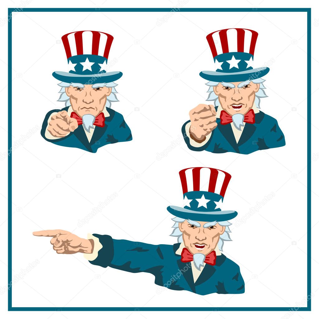 Set of angry uncle Sam in different poses isolated on white background, vector, illustration