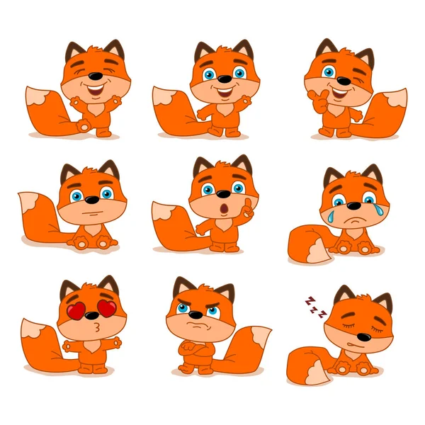 Conjunto Encantadores Personajes Dibujos Animados Zorros Con Diferentes Poses Emociones — Vector de stock