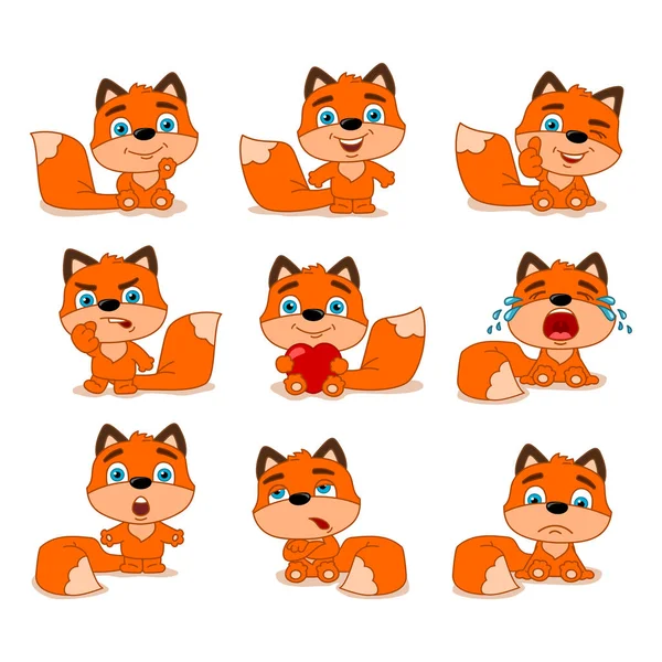 Conjunto Encantadores Personajes Dibujos Animados Zorros Con Diferentes Poses Emociones — Vector de stock