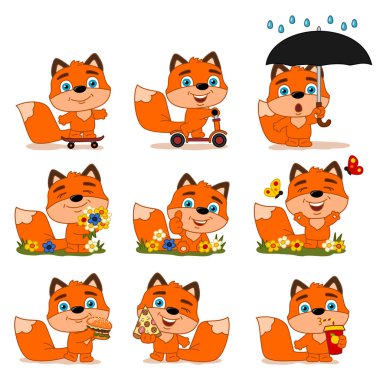 çiçek çayır farklı pozlar hızlı gıda ile tilki büyüleyici karikatür karakterleri seti 