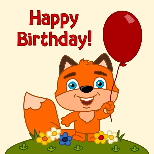 Greeting Card Cute Funny Cartoon Character Fox Holding Balloon Text — Stock Vector