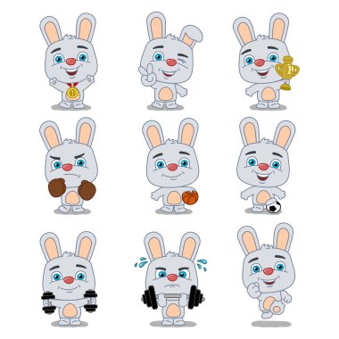 farklı spor ekipmanları ile sportif tavşan büyüleyici karikatür karakterleri seti