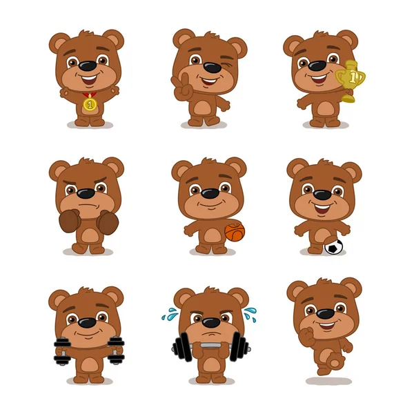 Conjunto Charmosos Personagens Desenhos Animados Ursos Esportivos Com Diferentes Equipamentos — Vetor de Stock