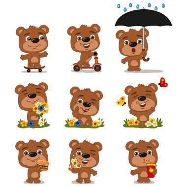 çiçek çayır üzerinde farklı pozlar fast food ile ayıların büyüleyici çizgi film karakterleri seti 