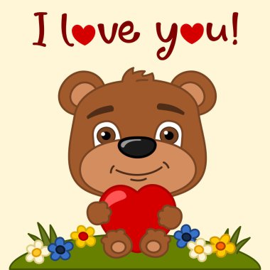 kalp tutan ve metin ile çayırda oturan ayı sevimli komik çizgi film karakteri ile tebrik kartı seni seviyorum 