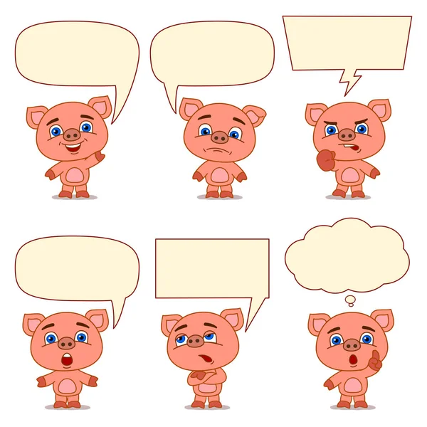Charmante Zeichentrickfiguren Von Schweinen Mit Sprechblasen Verschiedenen Posen — Stockvektor