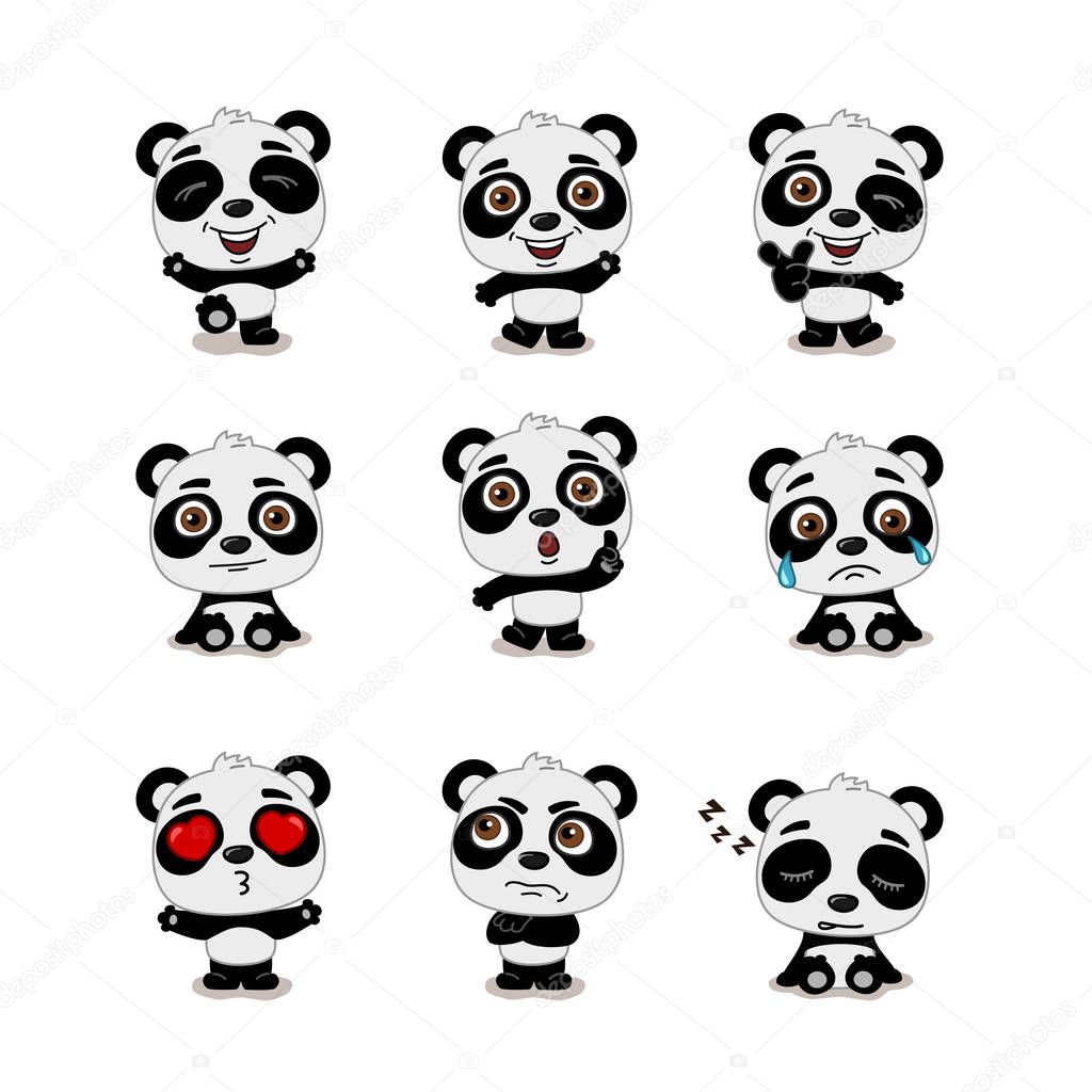 set of charming cartoon characters of Panda bears with different poses and emotions 