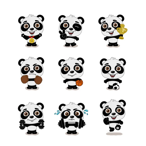 farklı spor ekipmanları ile sportif Panda ayılar büyüleyici karikatür karakterleri seti