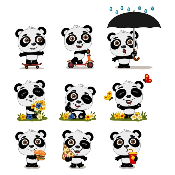 çiçek çayır farklı pozlar hızlı gıda ile Panda ayılar büyüleyici karikatür karakterleri seti 