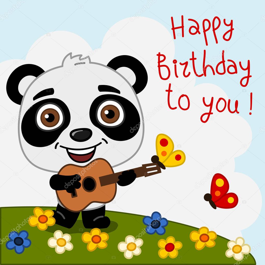 greeting card with cute funny cartoon character of Panda bear with guitar sings song Happy birthday to you on meadow