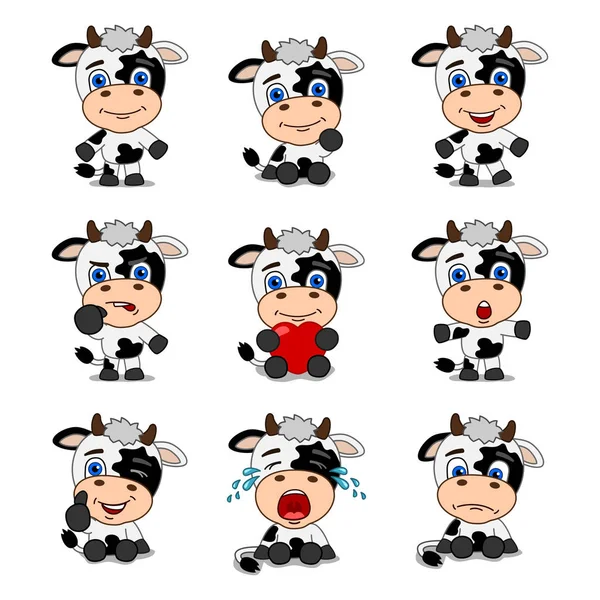 一套迷人的卡通人物的奶牛与不同的姿势和情感 — 图库矢量图片